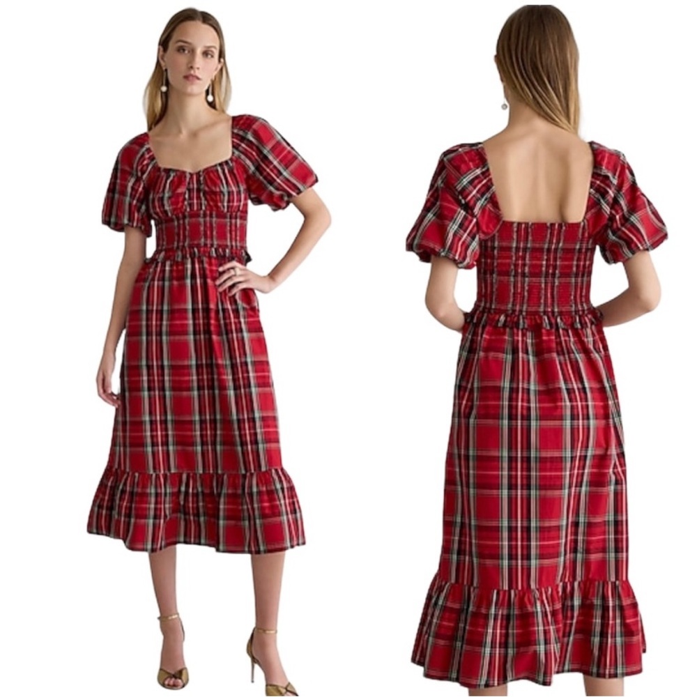 NWT J. Crew Plaid Midi Dress Smocked Puff Sleeve Good Tidings